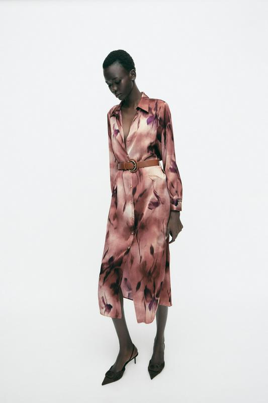 PRINTED SATIN MIDI DRESS WITH BELT