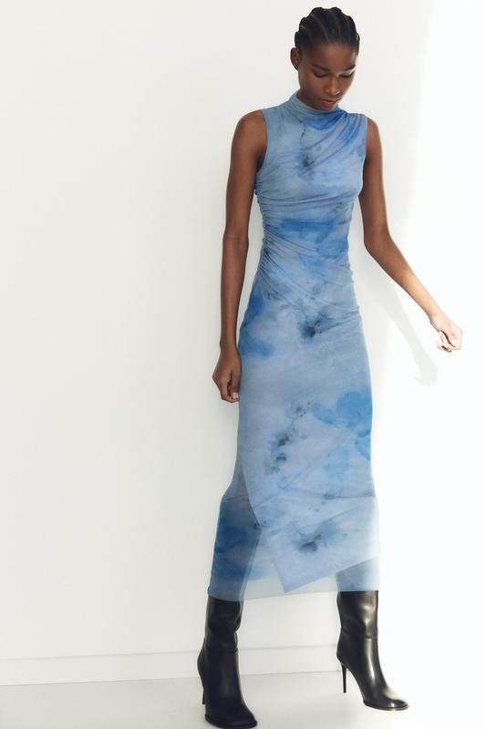 DRAPED PRINT MIDI DRESS