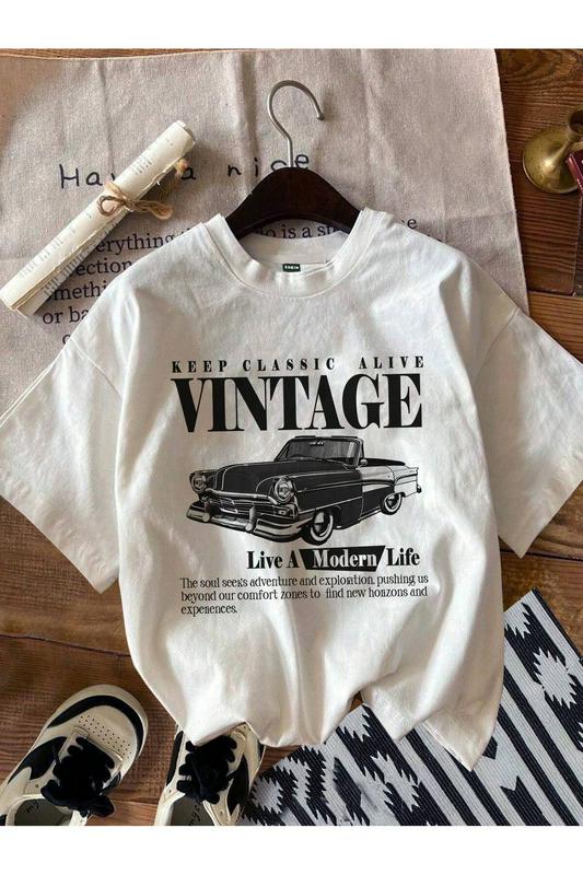 Beyaz Vintage Baskılı T-shirt