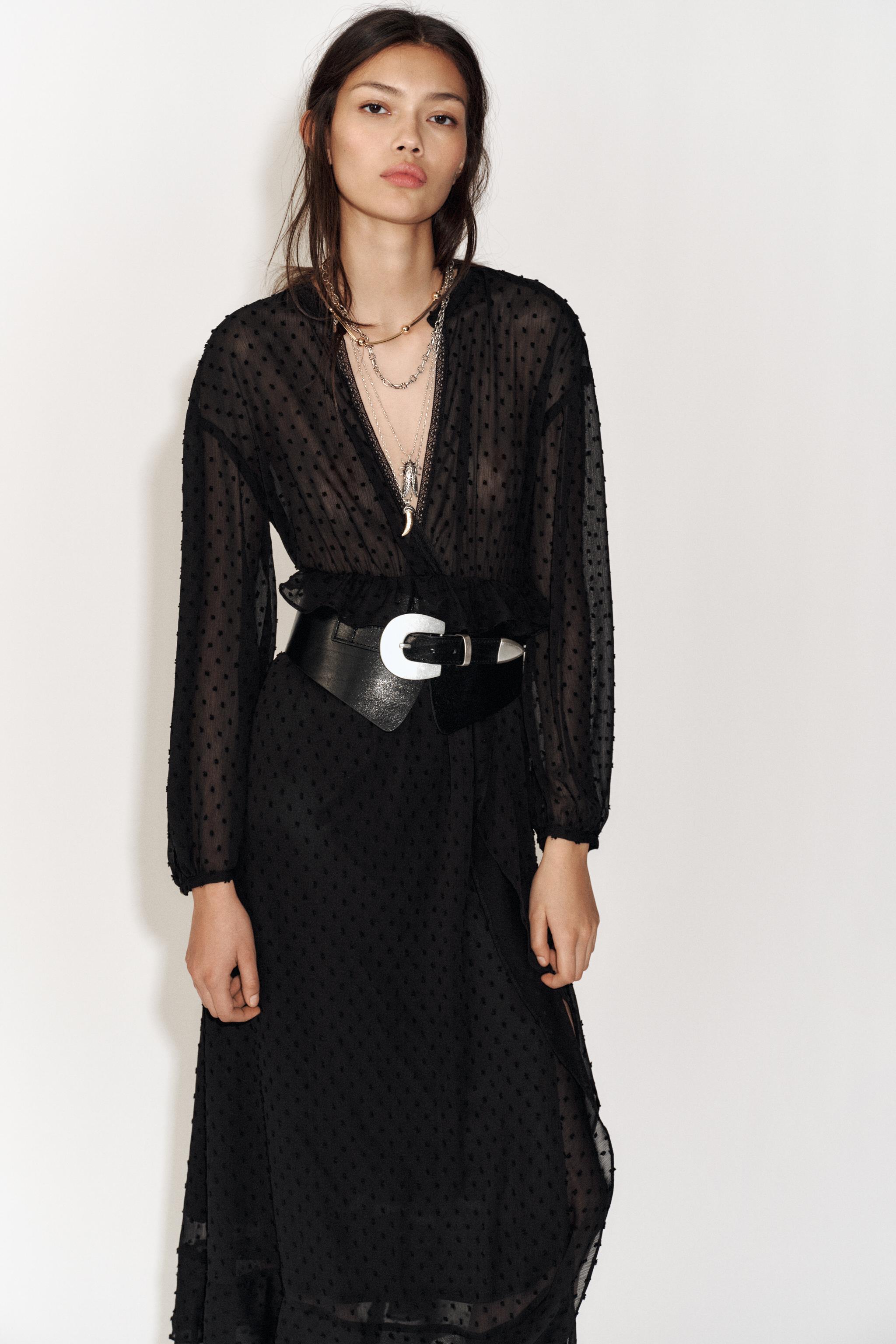 RUFFLED DOTTED MESH DRESS