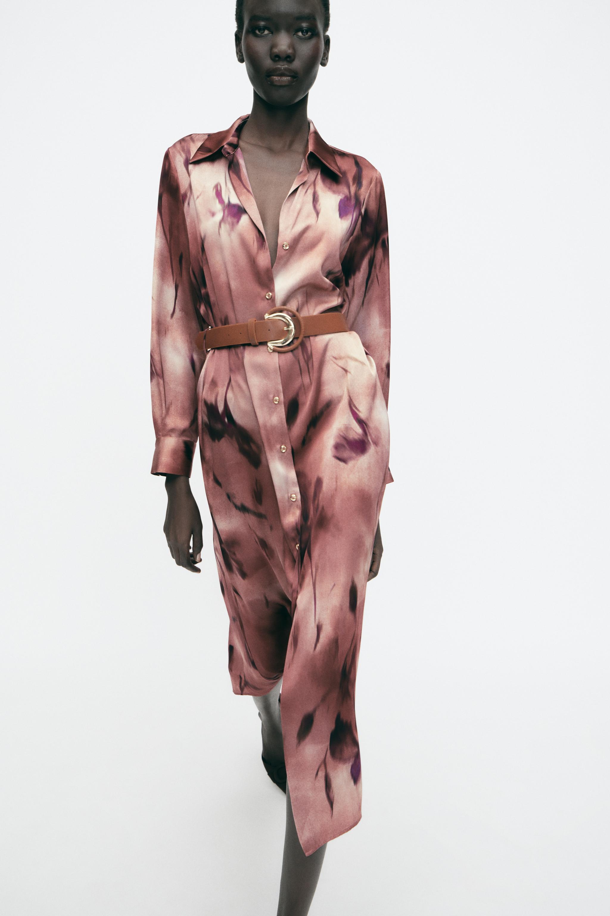 PRINTED SATIN MIDI DRESS WITH BELT