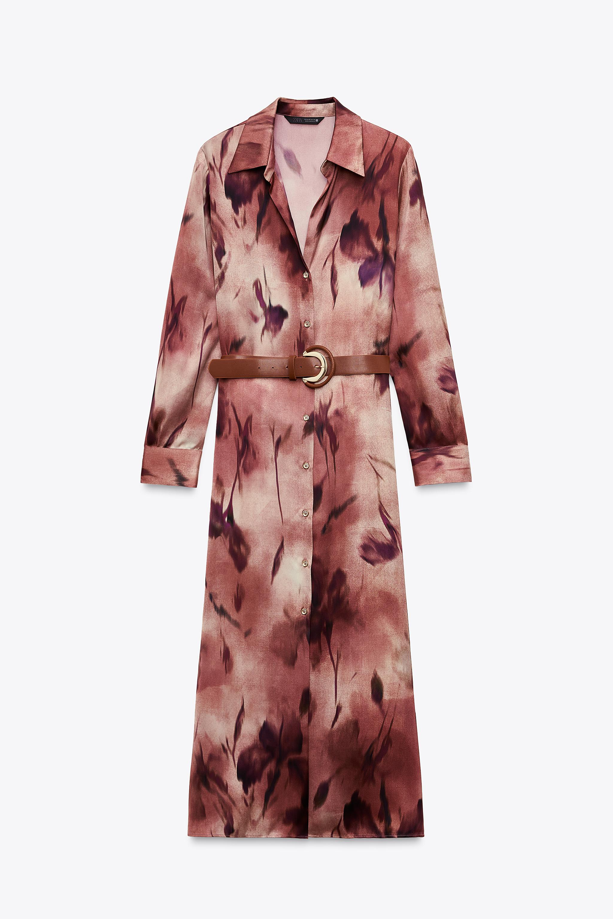 PRINTED SATIN MIDI DRESS WITH BELT