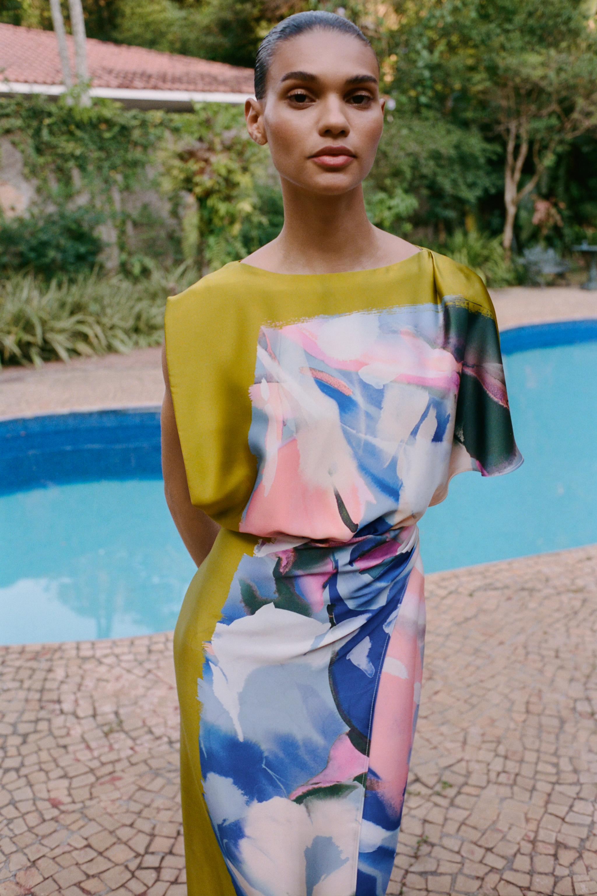ASYMMETRIC PRINTED MIDI DRESS