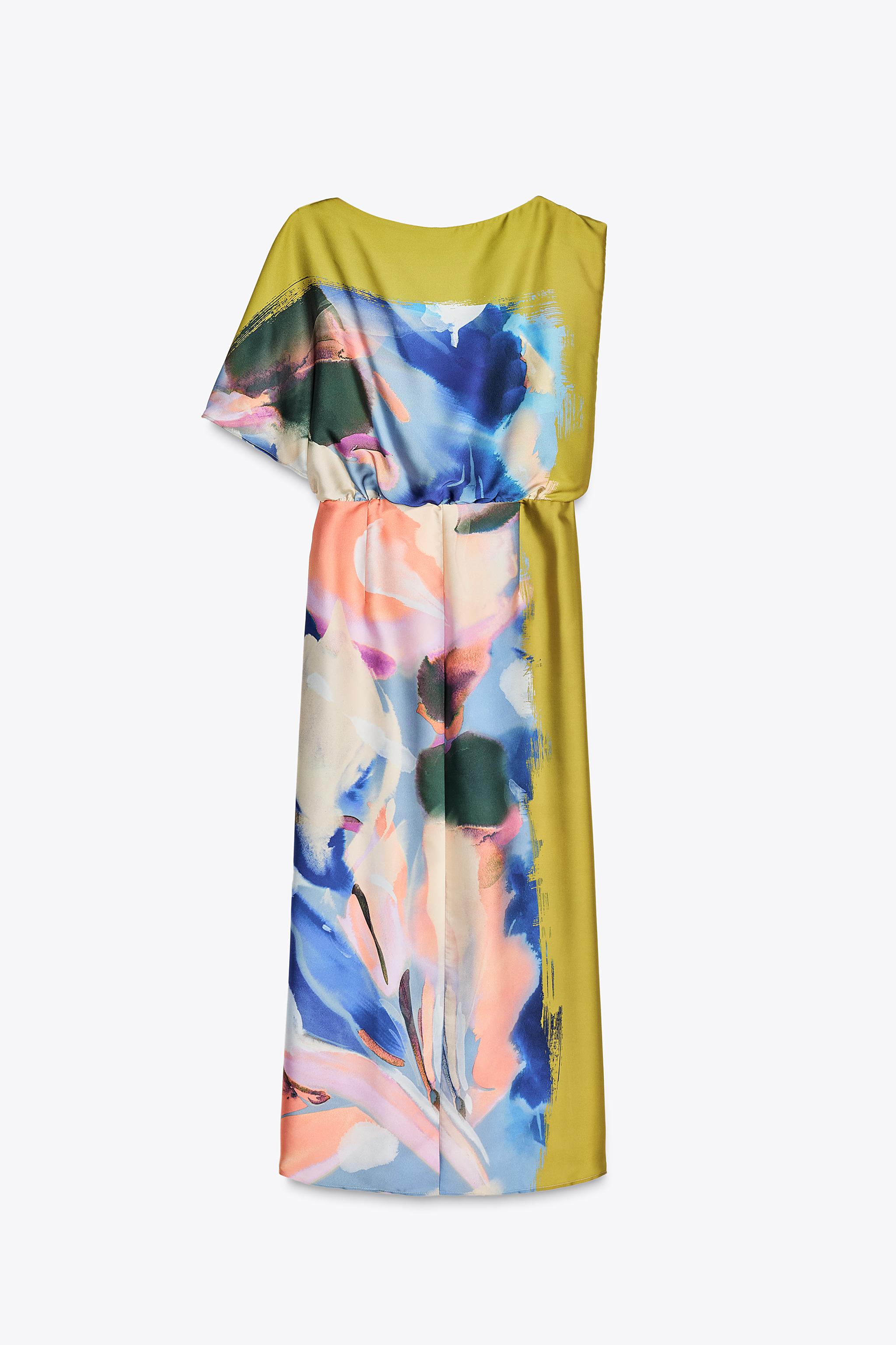 ASYMMETRIC PRINTED MIDI DRESS