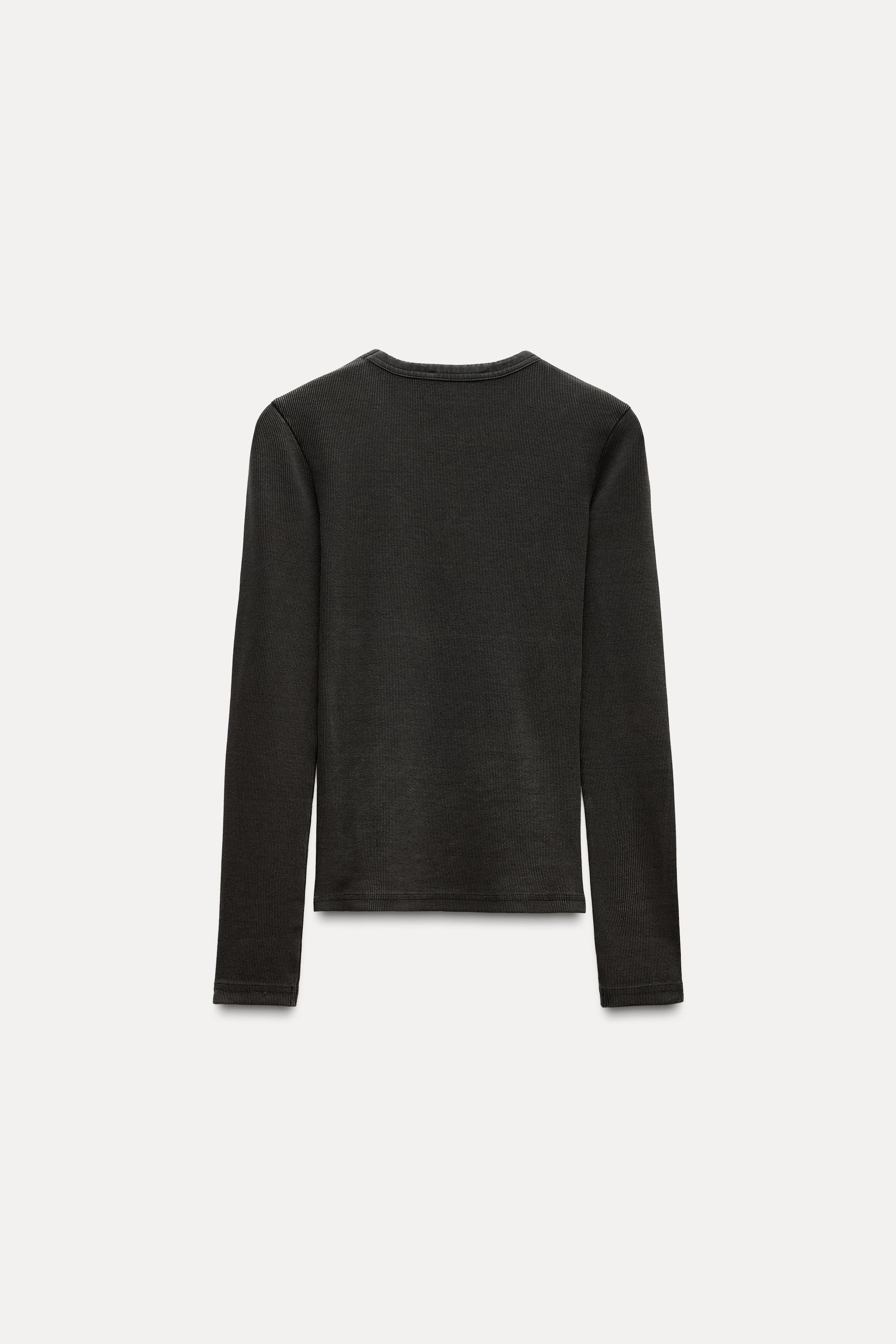 LONG SLEEVE WASHED EFFECT RIBBED T-SHIRT