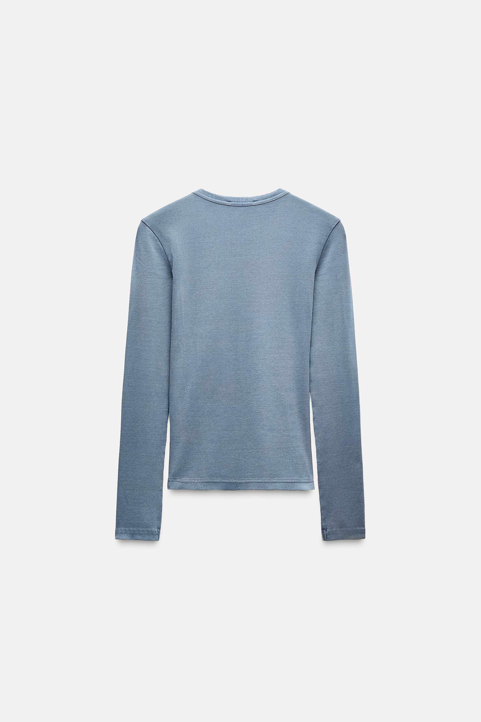 LONG SLEEVE WASHED EFFECT RIBBED T-SHIRT