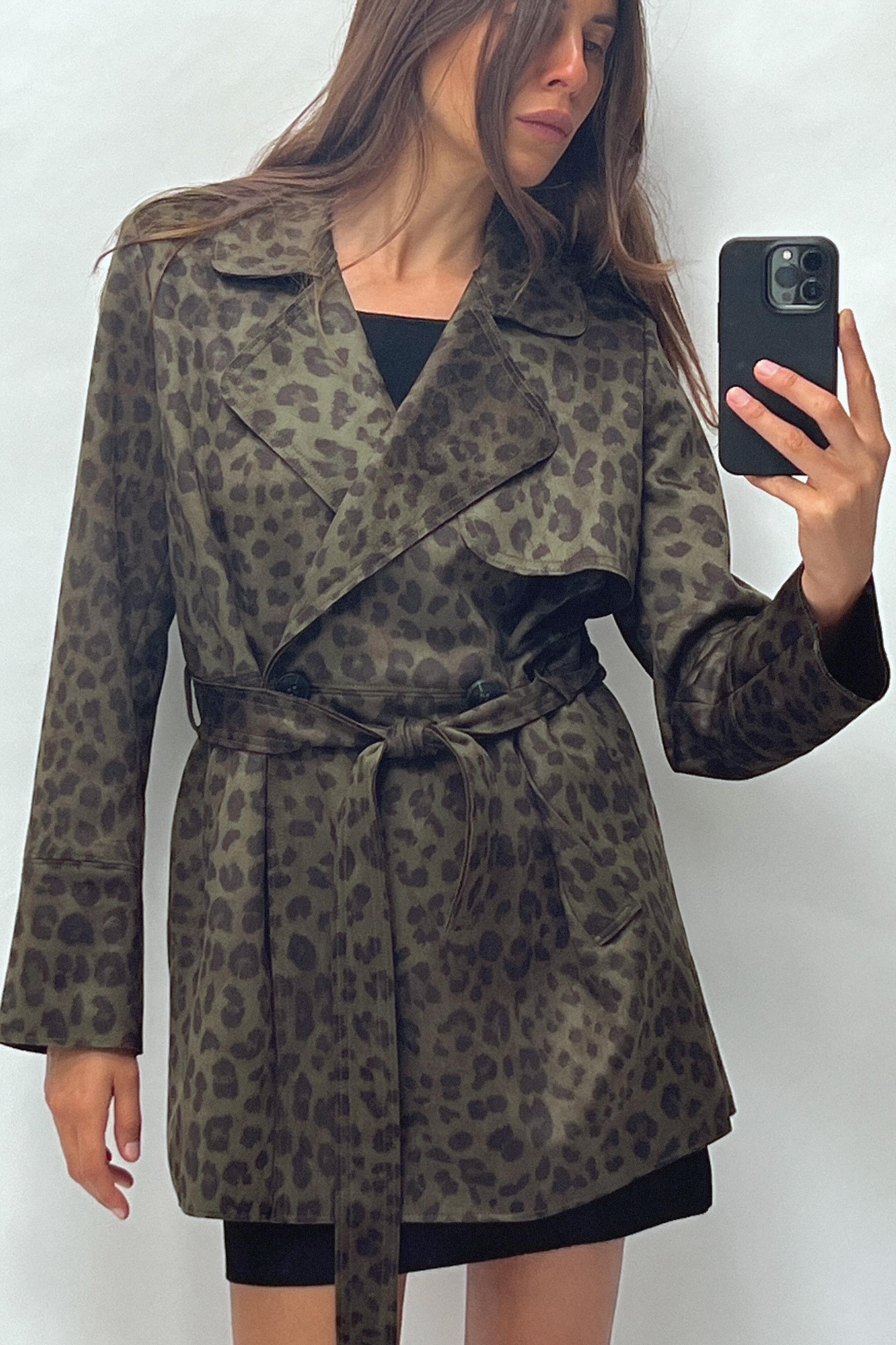 SHORT ANIMAL PRINT FAUX SUEDE TRENCH COAT