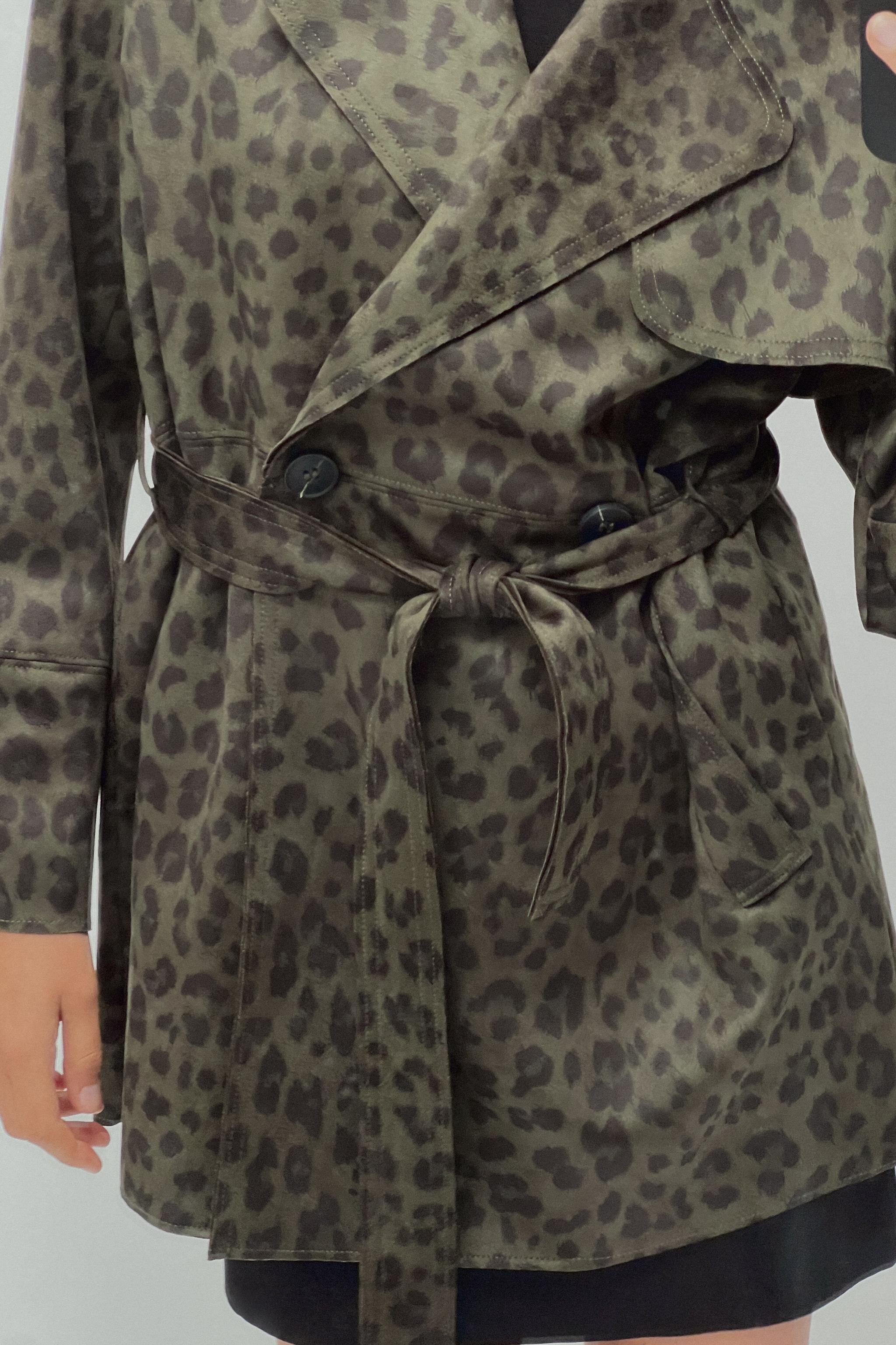 SHORT ANIMAL PRINT FAUX SUEDE TRENCH COAT