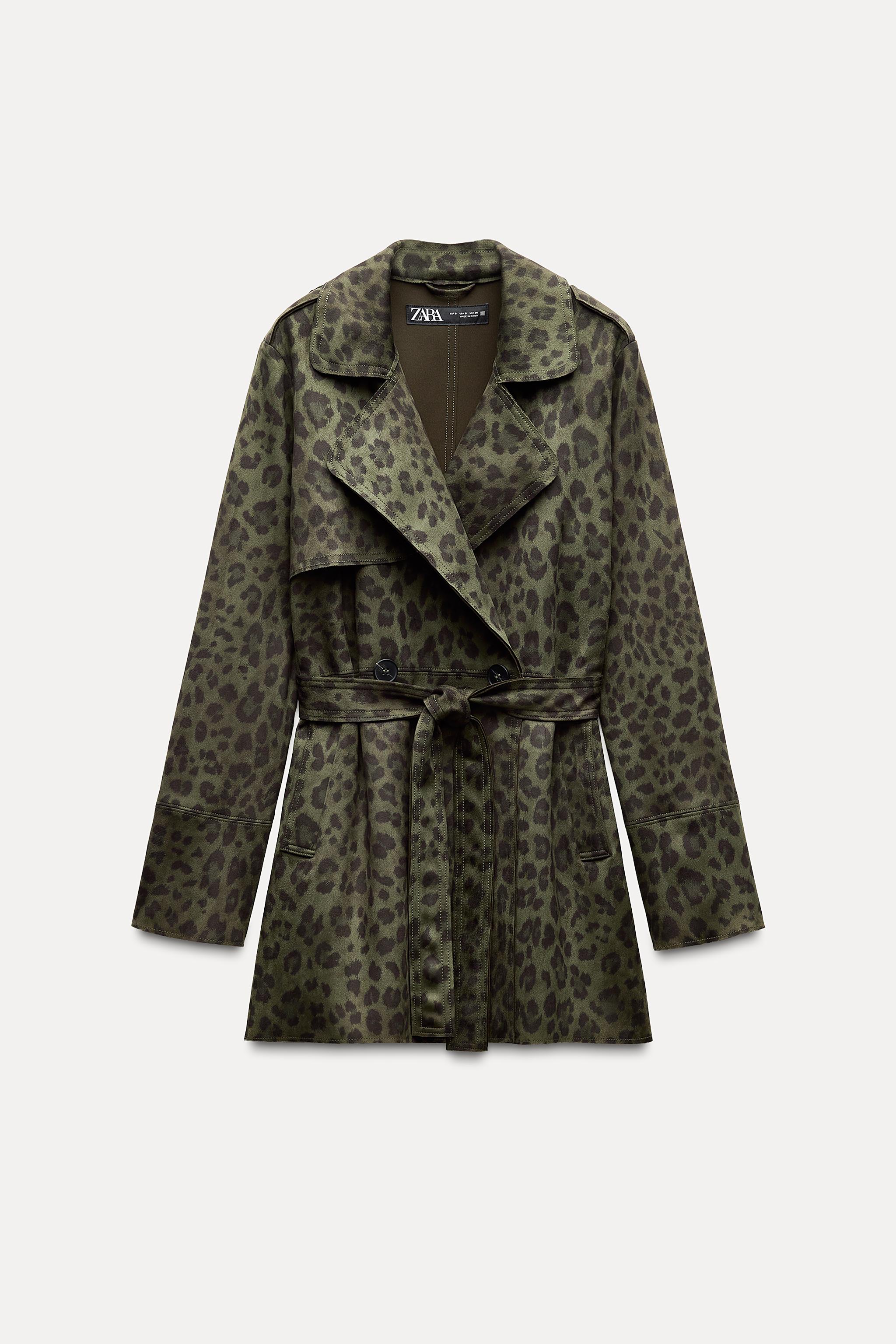 SHORT ANIMAL PRINT FAUX SUEDE TRENCH COAT