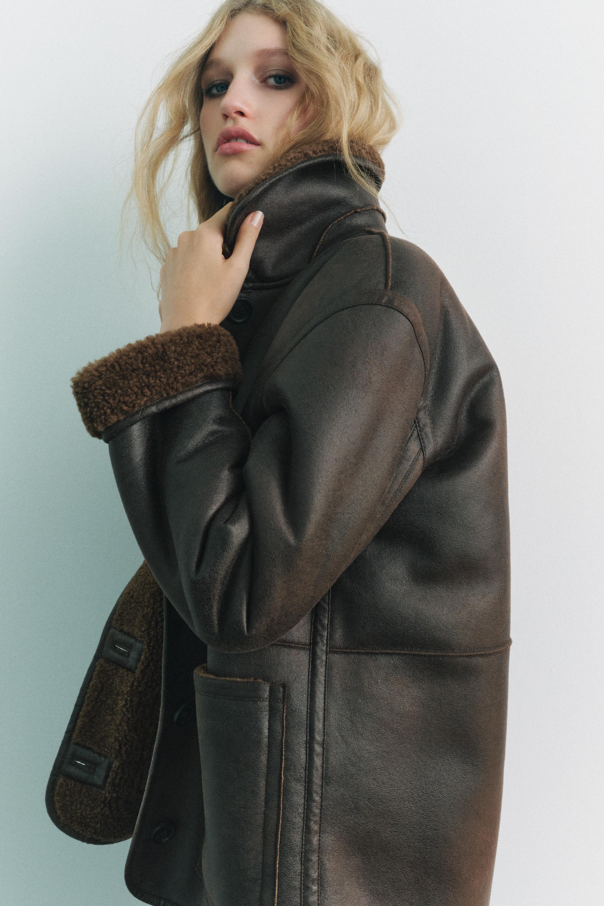 FAUX LEATHER REVERSIBLE DOUBLE-FACED COAT