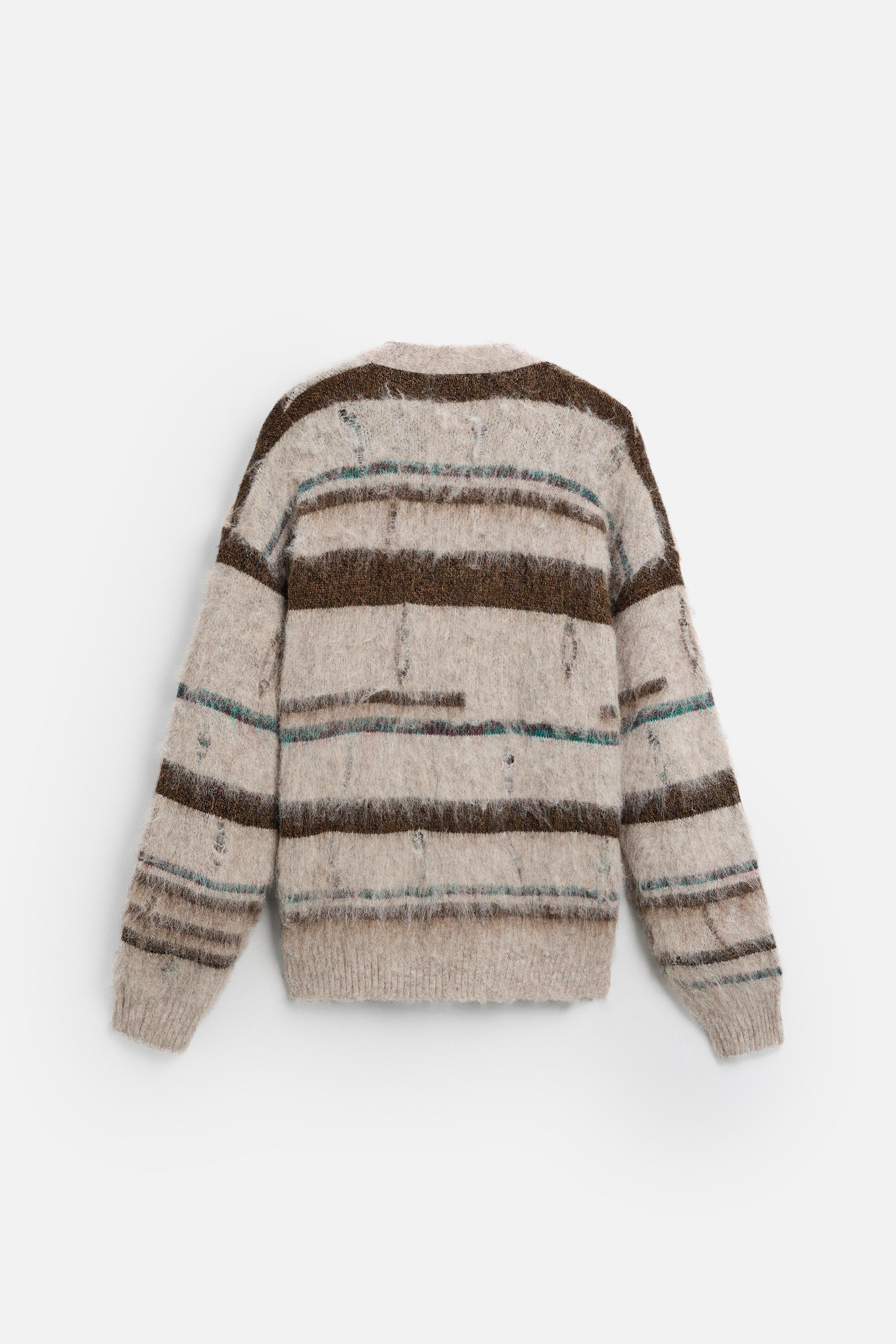 TEXTURED STRIPE CARDIGAN WITH DISTRESSED DETAIL