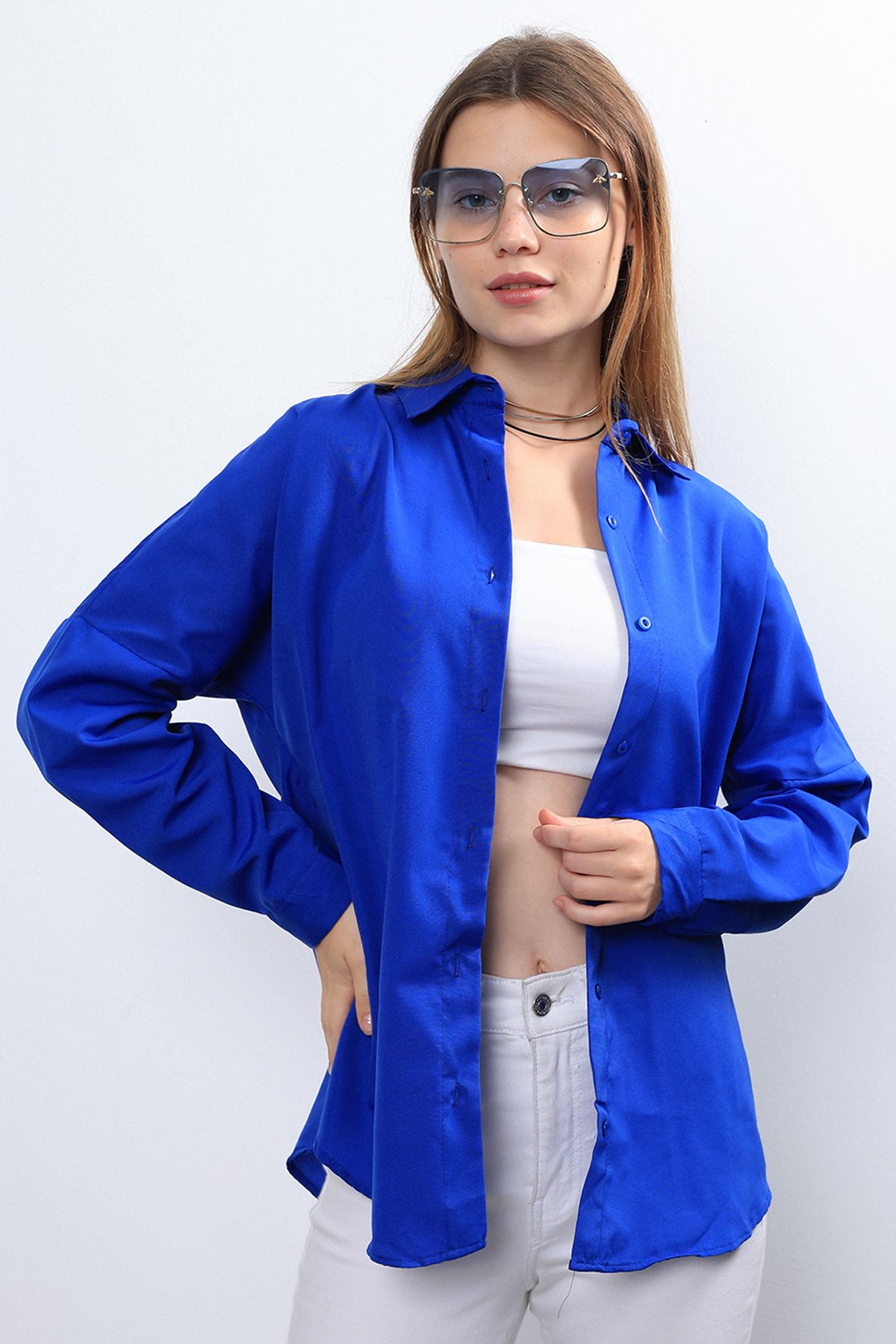 Ylz Oversize Kadın Saks Mavisi Gömlek - Oversize U