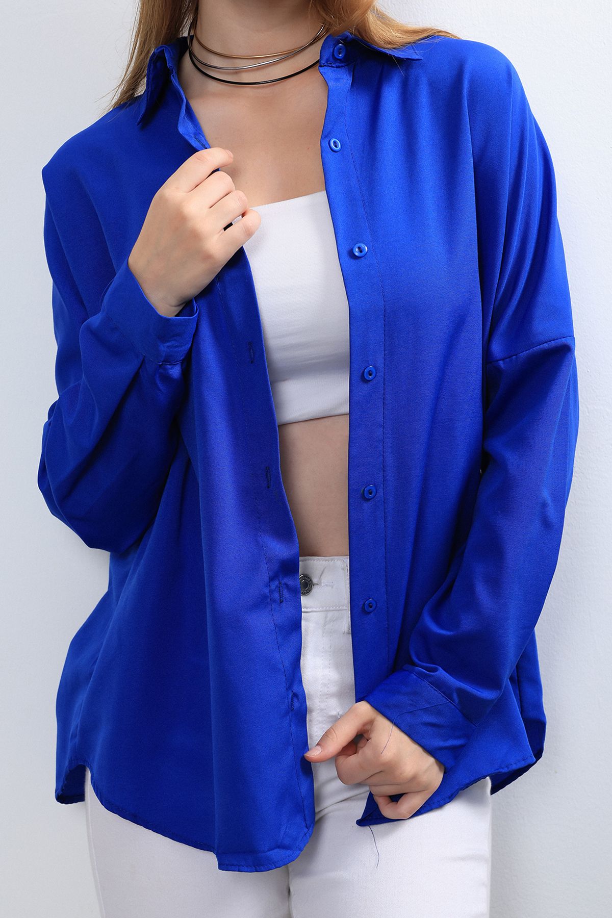 Ylz Oversize Kadın Saks Mavisi Gömlek - Oversize U