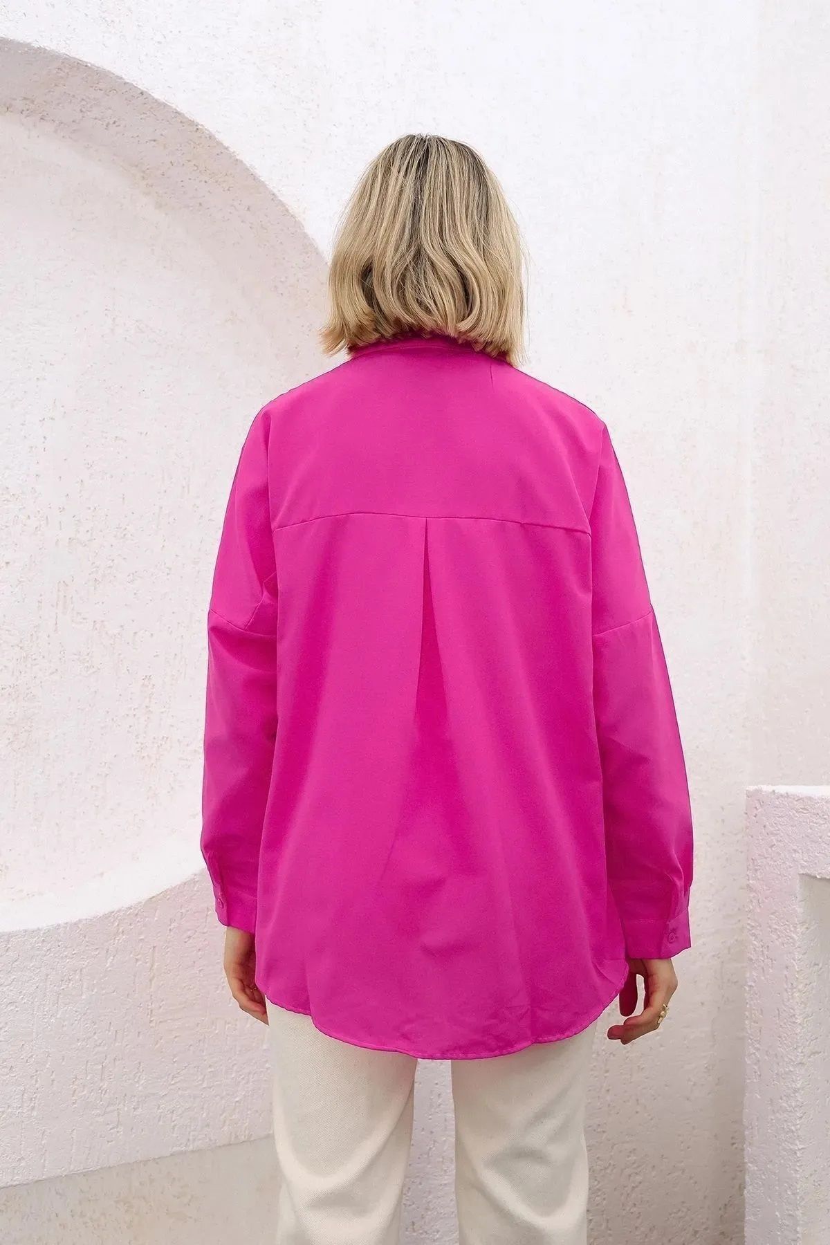 Ylz Oversize Kadın Fuşya Gömlek - Oversize Uzun Ba