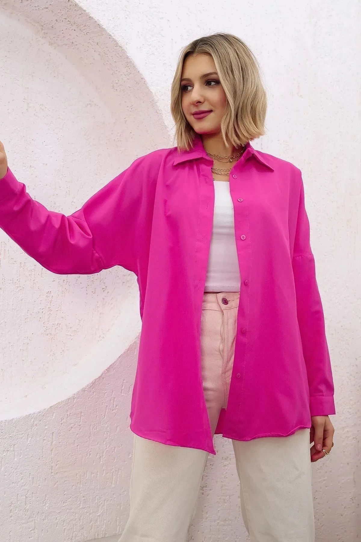 Ylz Oversize Kadın Fuşya Gömlek - Oversize Uzun Ba