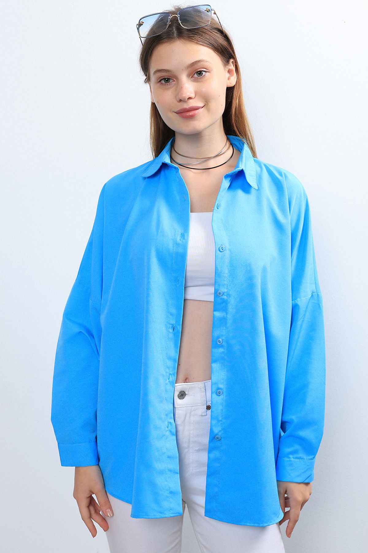 Ylz Oversize Kadın Turkuaz Gömlek - Oversize Uzun