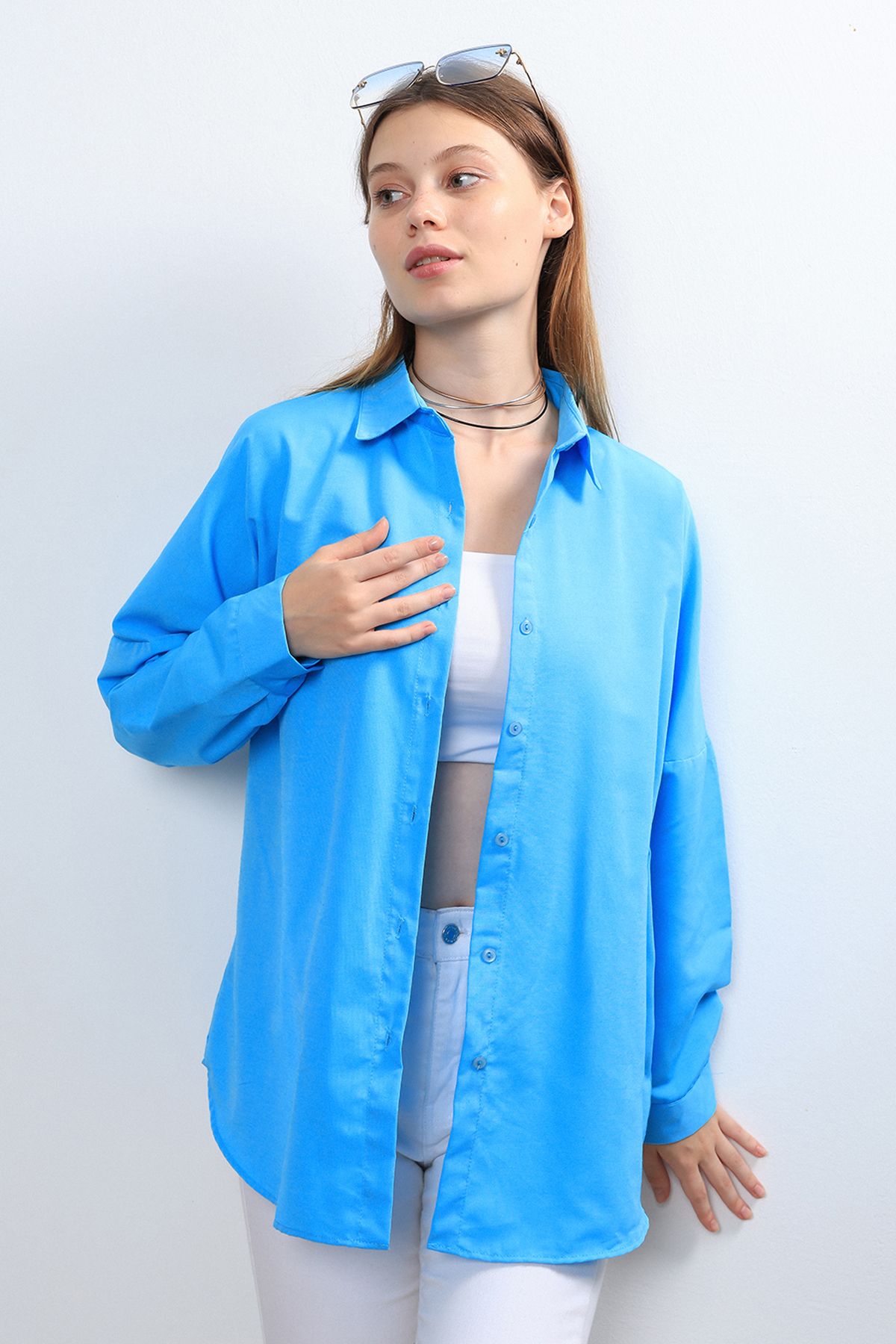 Ylz Oversize Kadın Turkuaz Gömlek - Oversize Uzun