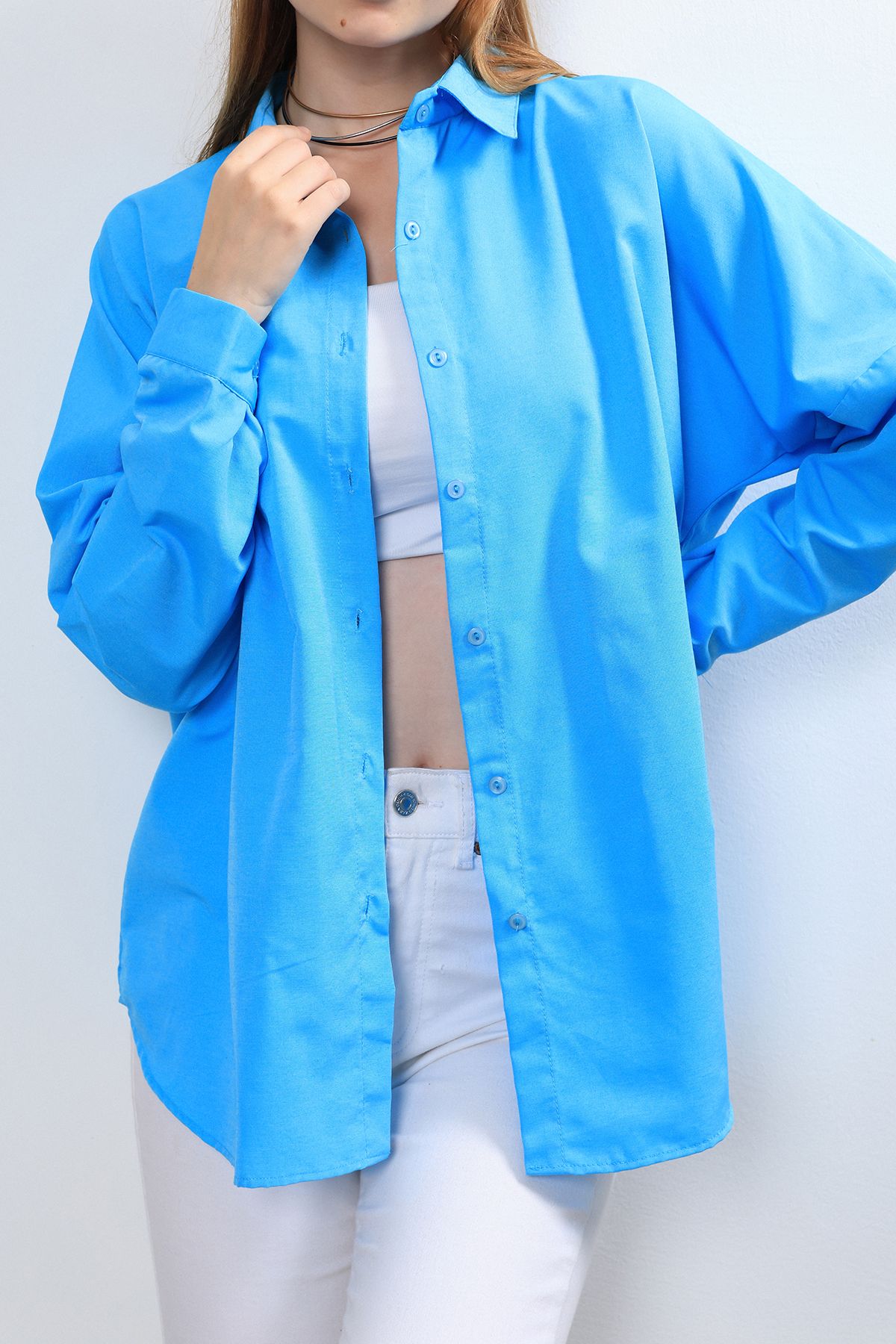 Ylz Oversize Kadın Turkuaz Gömlek - Oversize Uzun