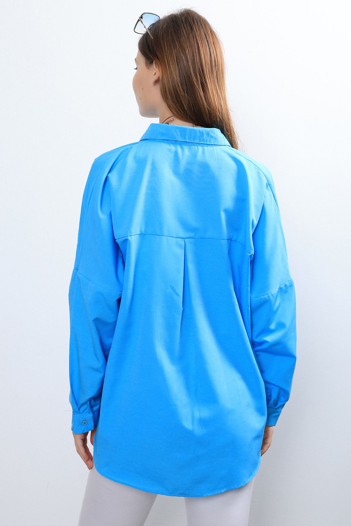 Ylz Oversize Kadın Turkuaz Gömlek - Oversize Uzun