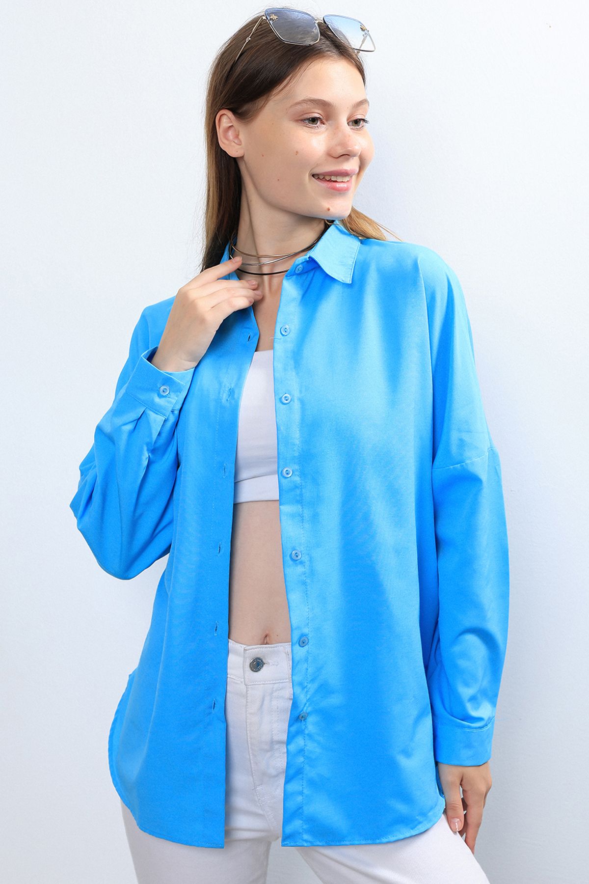 Ylz Oversize Kadın Turkuaz Gömlek - Oversize Uzun