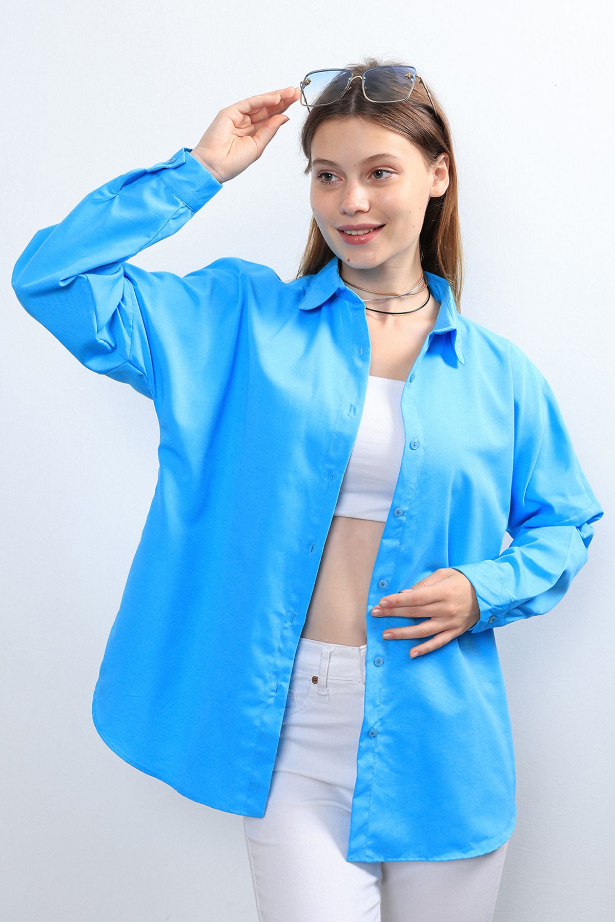 Ylz Oversize Kadın Turkuaz Gömlek - Oversize Uzun